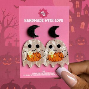 Ghost Pumpkin Earrings — Cute Halloween Fall Dangle Spooky Jewelry Kawaii